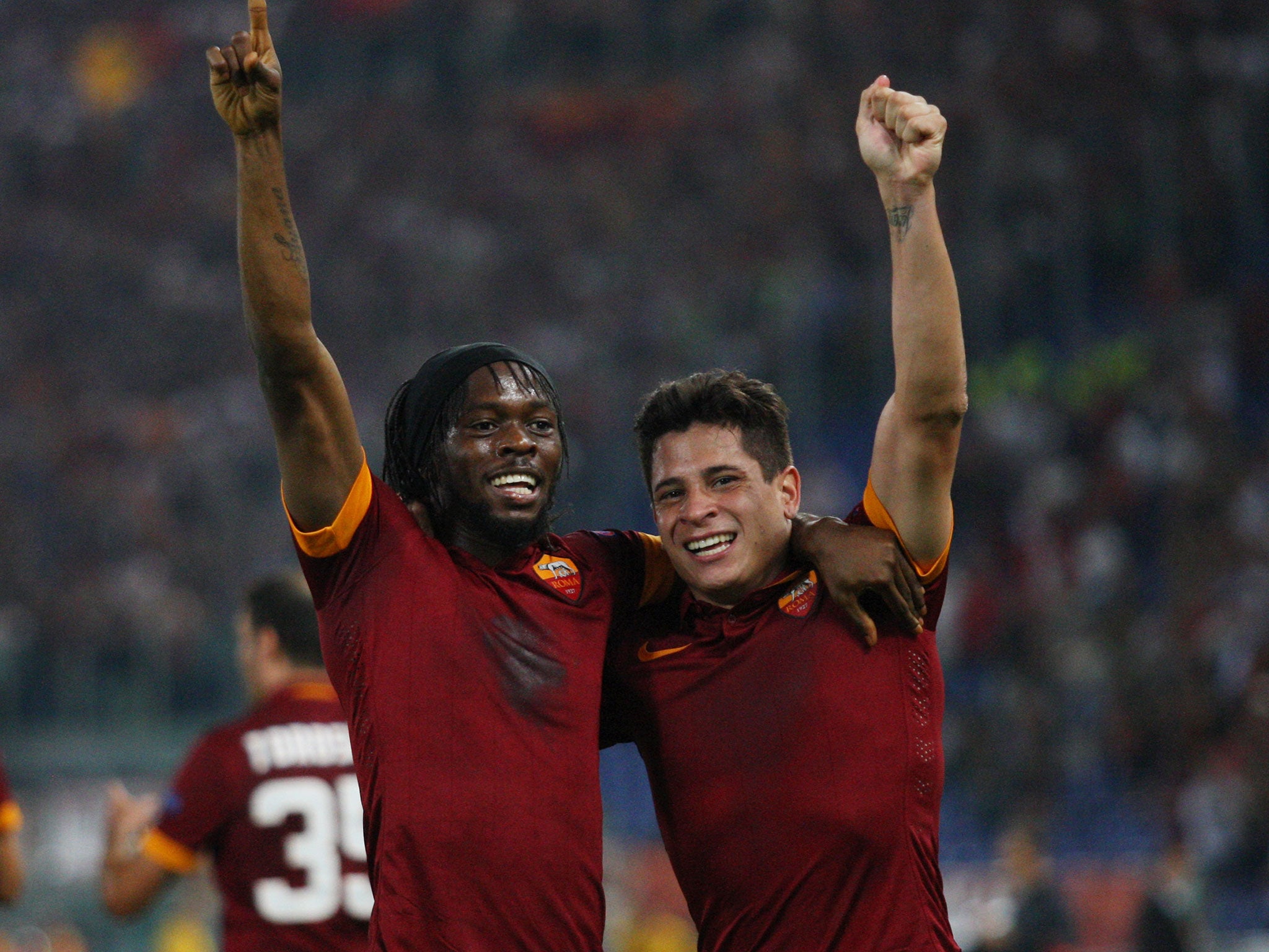Gervinho (left) and Juan Iturbe celebrate Roma’s 5-1 win