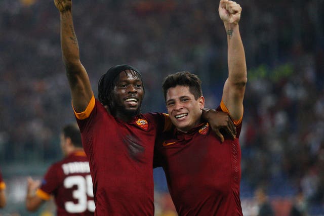 Gervinho (left) and Juan Iturbe celebrate Roma’s 5-1 win