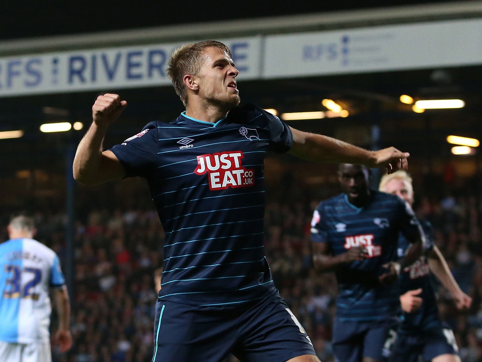 Jamie Ward celebrates his second for Derby