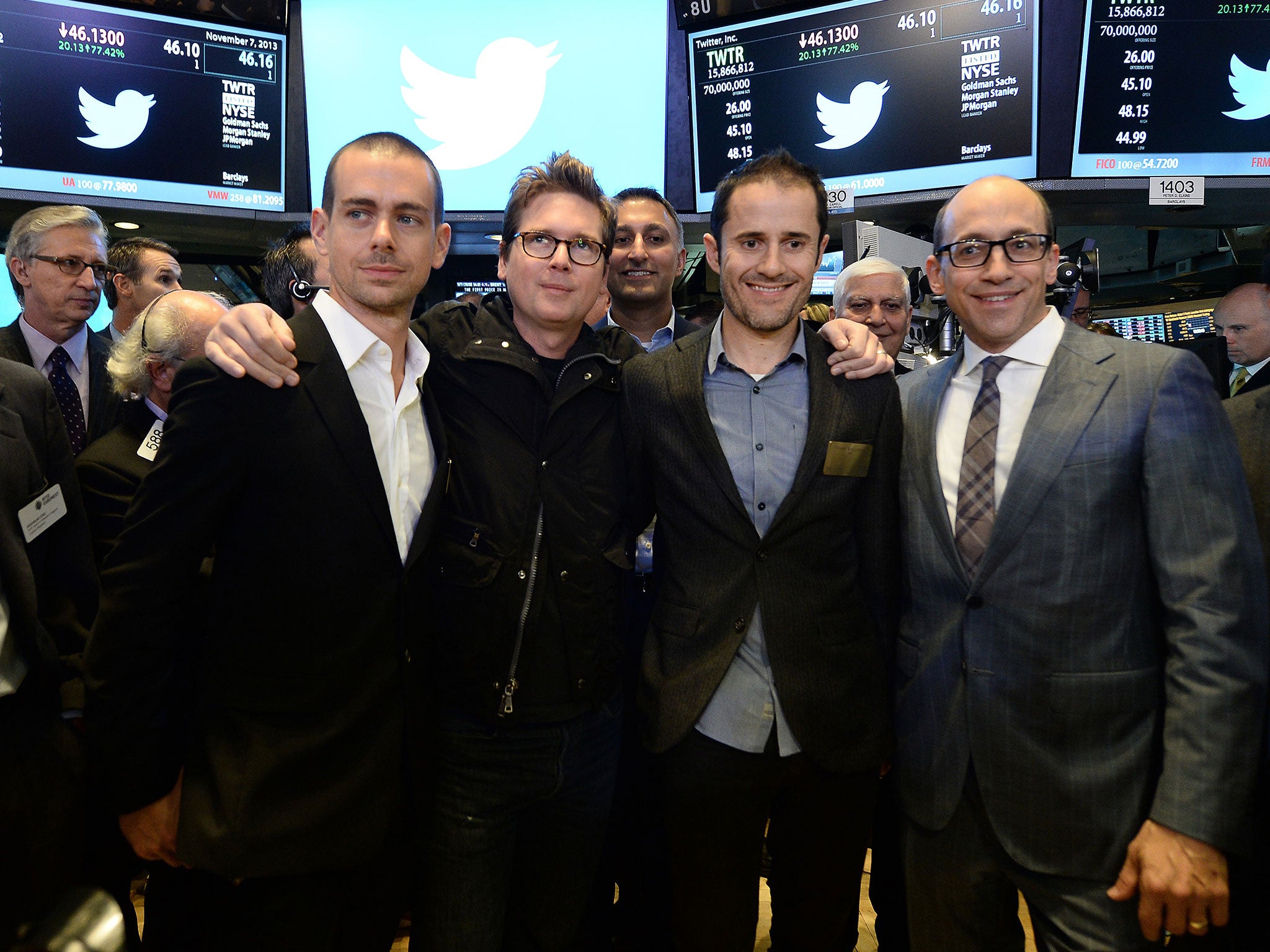 Twitter co-founders Jack Dorsey, Christopher Isaac 'Biz' Stone, Evan Williams and Twitter CEO Richard 'Dick' Costolo pose for a photo on the trading floor of the New York Stock Exchange (NYSE)
