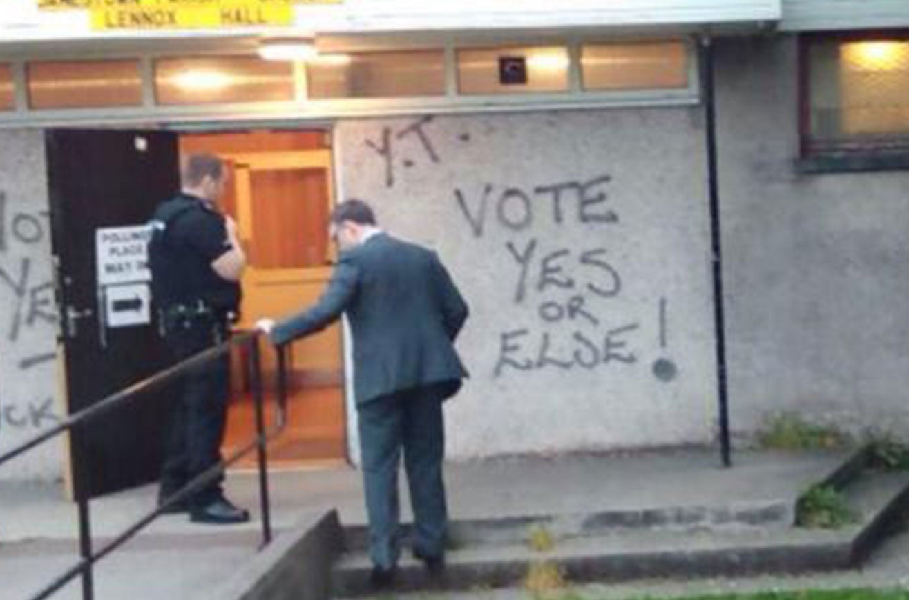 Graffiti on a polling station in Dumbarton
