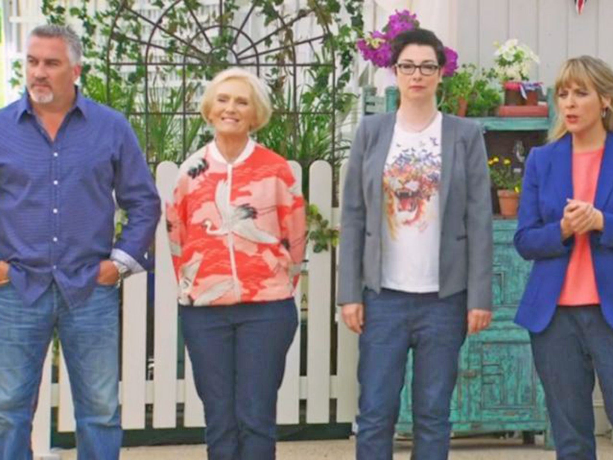 Mary Berry alongside fellow judge and presenter on last night's episode, wearing a Marks and Spencer bold bomber jacket Great British Bake Off team