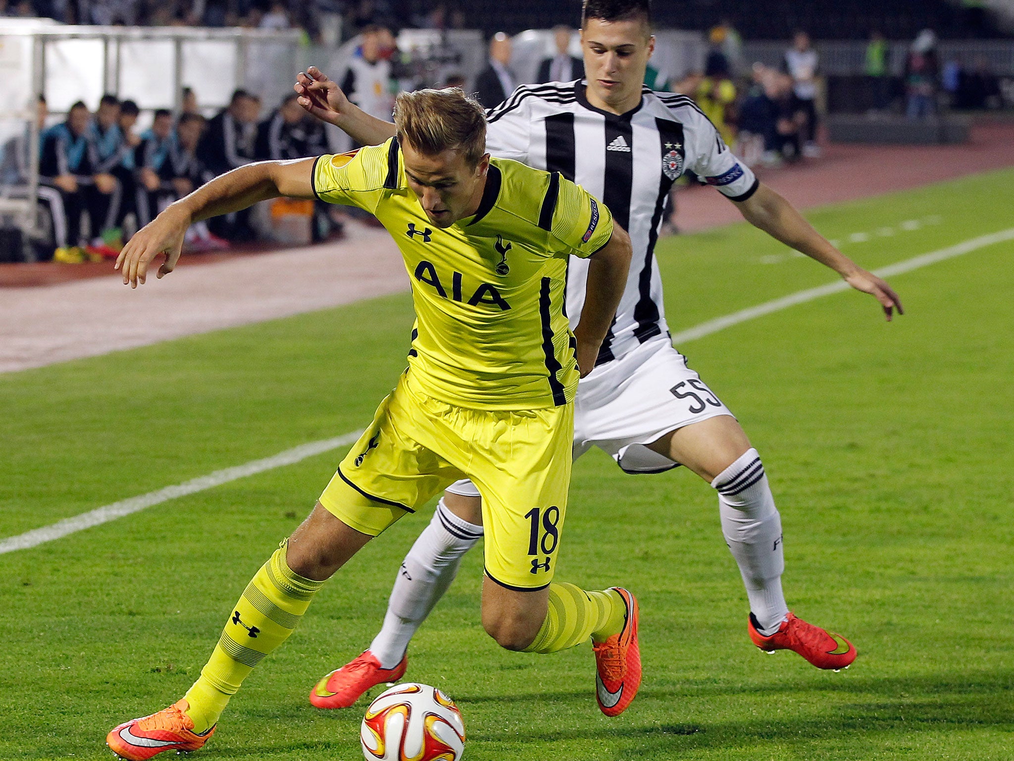 Harry Kane holds off the challenge of Danilo Pantic