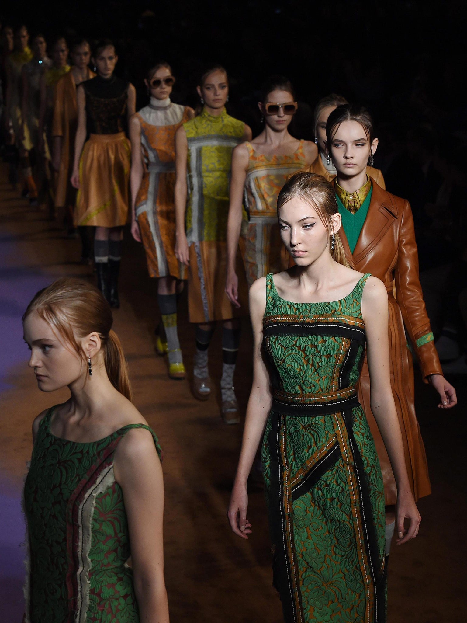 Models present the Prada collection yesterday, as part of the spring/summer 2015
collections at Milan Fashion Week