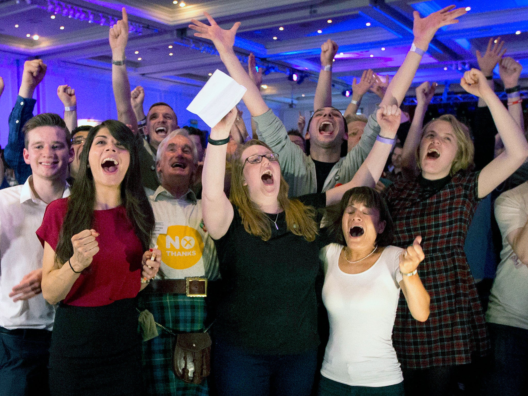 No supporters for the Scottish independence referendum celebrate a result at a No campaign event at a hotel in Glasgow