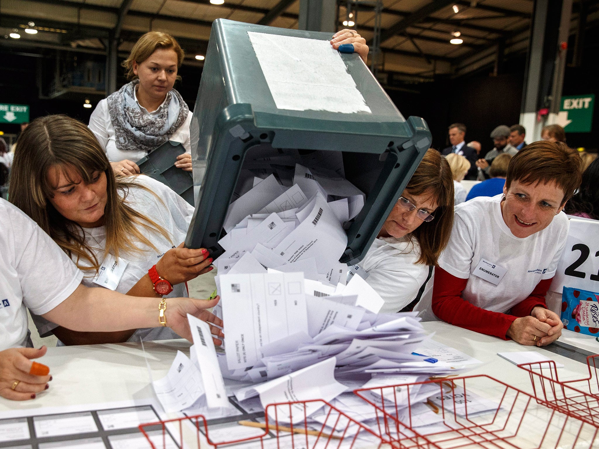 Ballots arrive to be counted at the Aberdeen Exhibition and Conference Centre during the Scottish referendum in Aberdeen