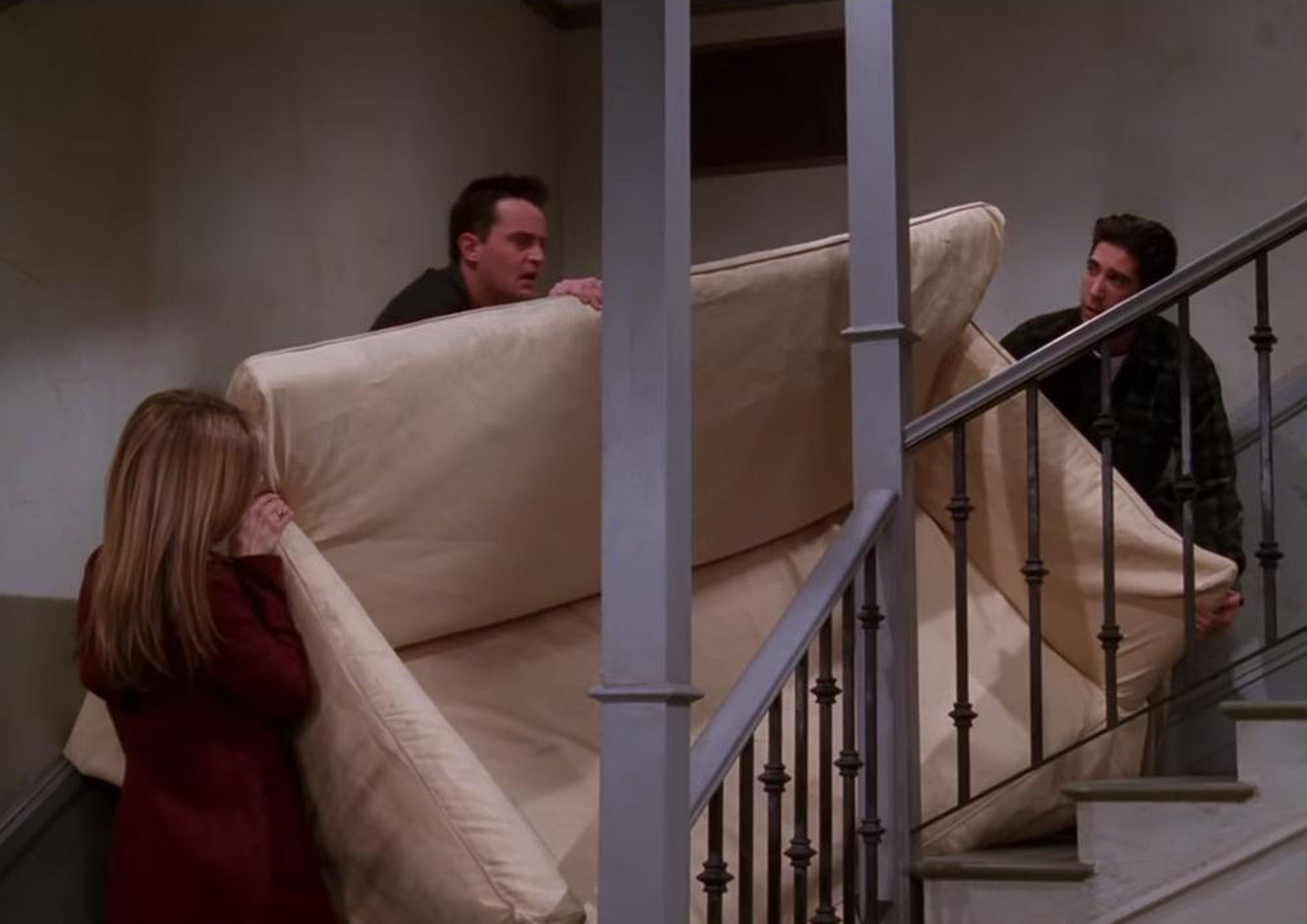 Rachel, Chandler and Ross try to get Ross's sofa up the stairs in the famous 'Pivot!' scene
