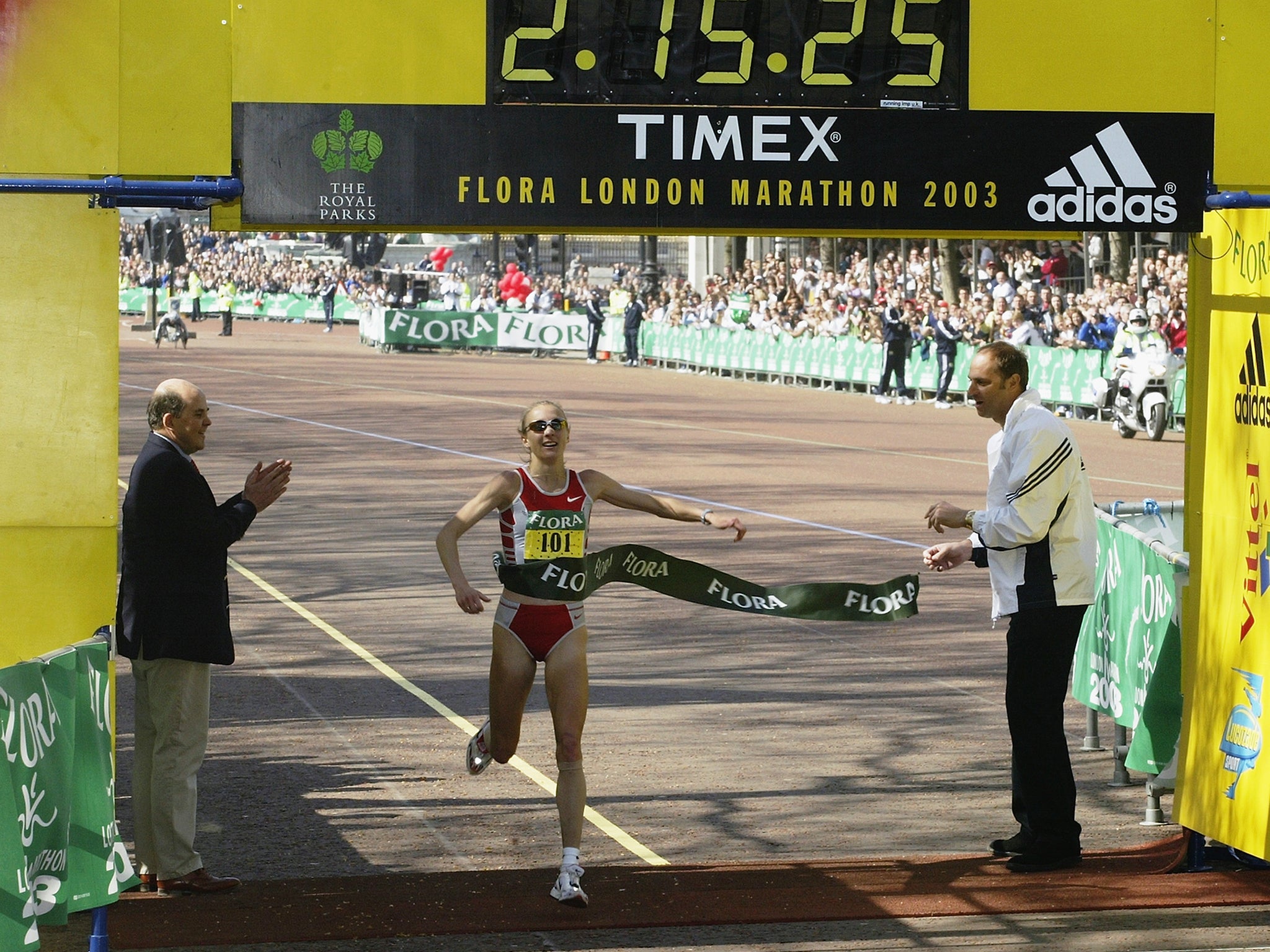 Paula Radcliffe of Great Britain crosses the line to win the 2003 Flora London Marathon