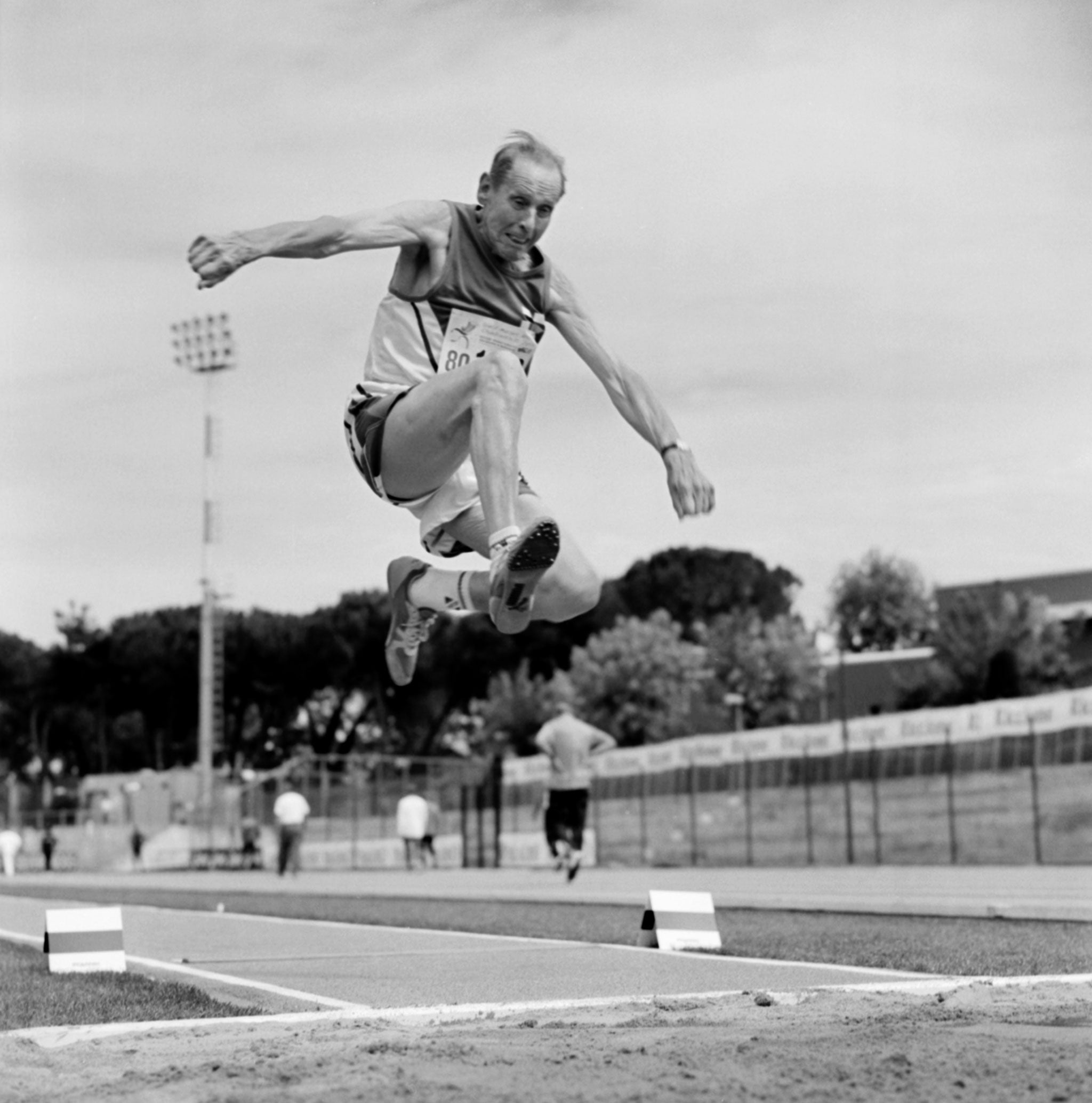 A long jumper competes in the 80-to-84-year-old age division at the 2007 World Masters Championships