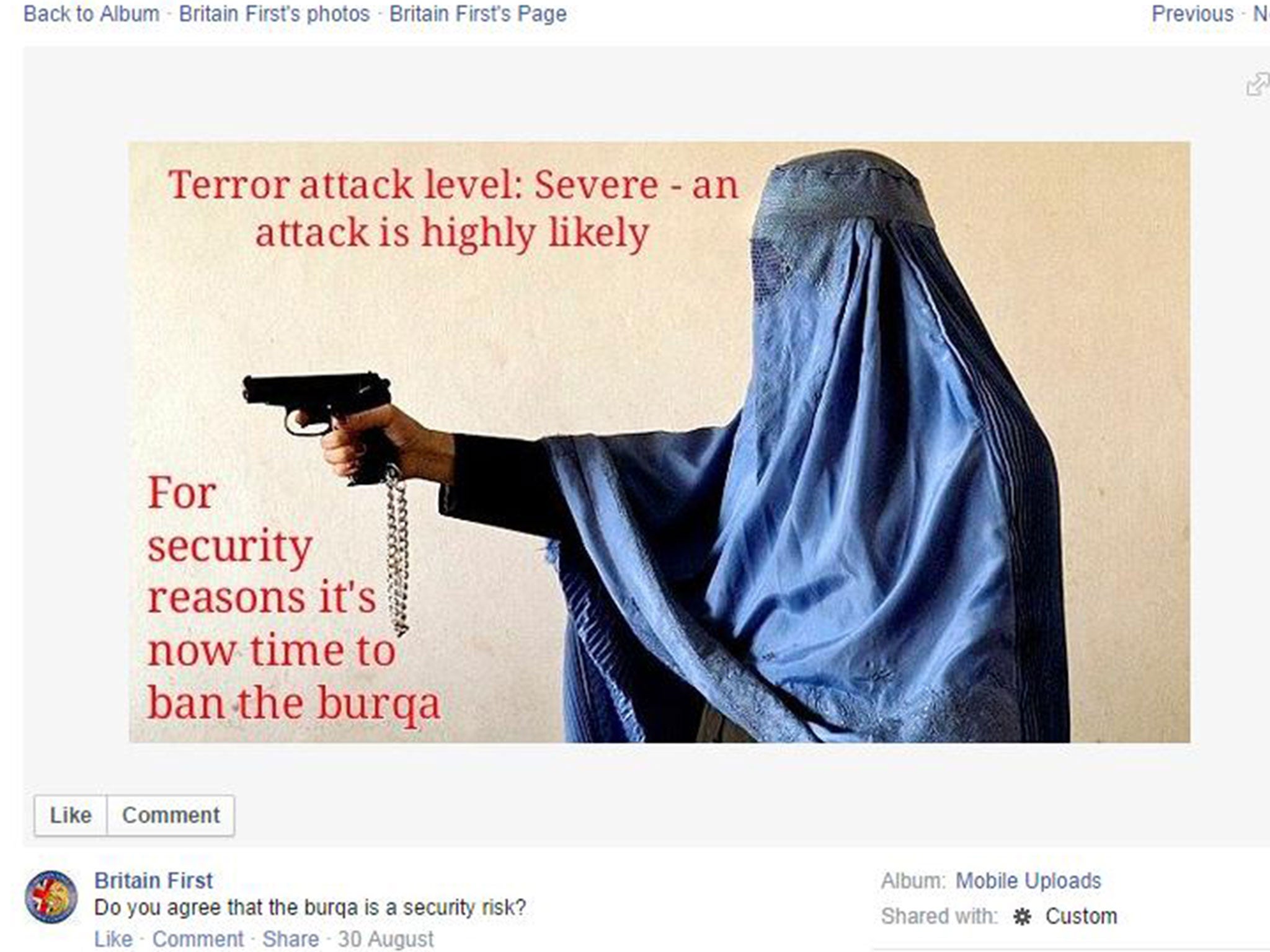 Screenshot shows the image of Lieutenant Colonel Malalai Kakar which was posted on Facebook by Britain First