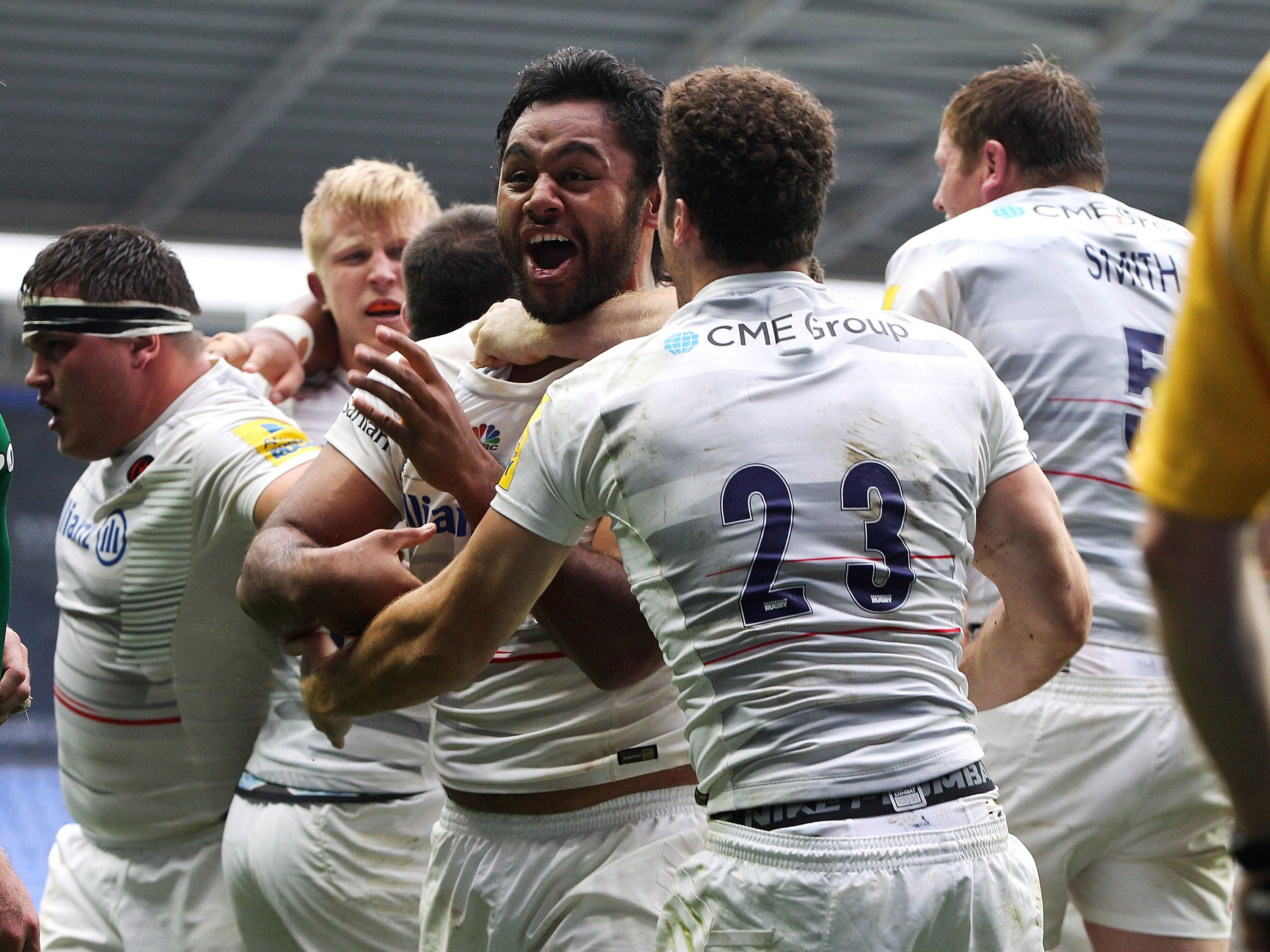 Billy Vunipola celebrates his late try