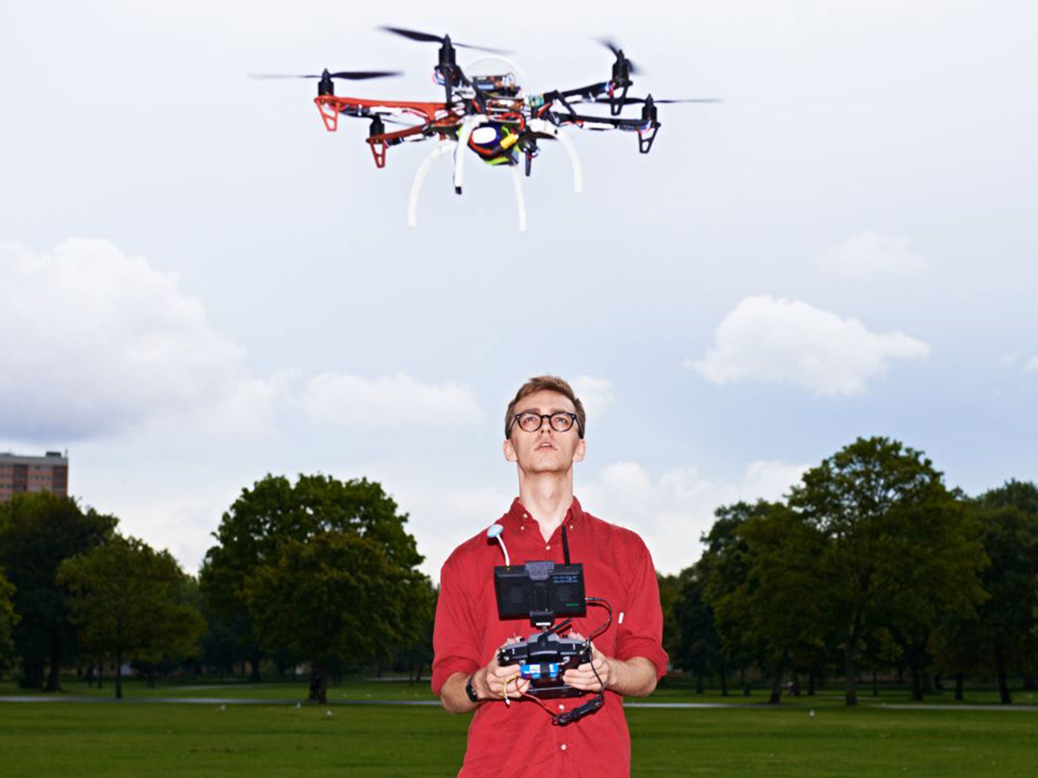 James Vincent, science and technology correspondent of The Independent, flies a F550HEX drone in Victoria Park, east London, last month