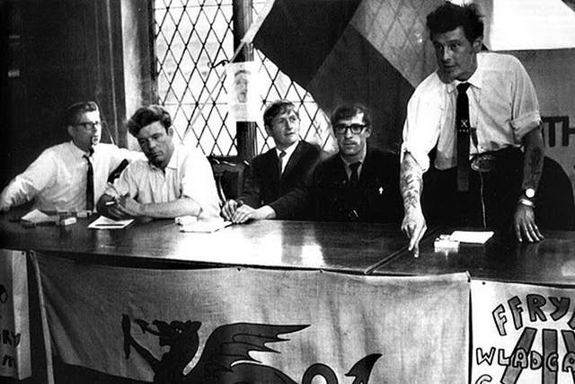 A republican meeting at Machynlleth in the 1960s; from the left, Neil ap Siencyn, Burns, and Glyn Rowlands Dennis Coslett and Cayo Evans, who all later stood trial with Burns