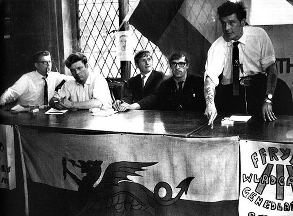 A republican meeting at Machynlleth in the 1960s; from the left, Neil ap Siencyn, Burns, and Glyn Rowlands Dennis Coslett and Cayo Evans, who all later stood trial with Burns
