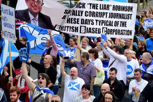 Yes supporters march to BBC Scotland’s offices in Glasgow to protest against its perceived bias 