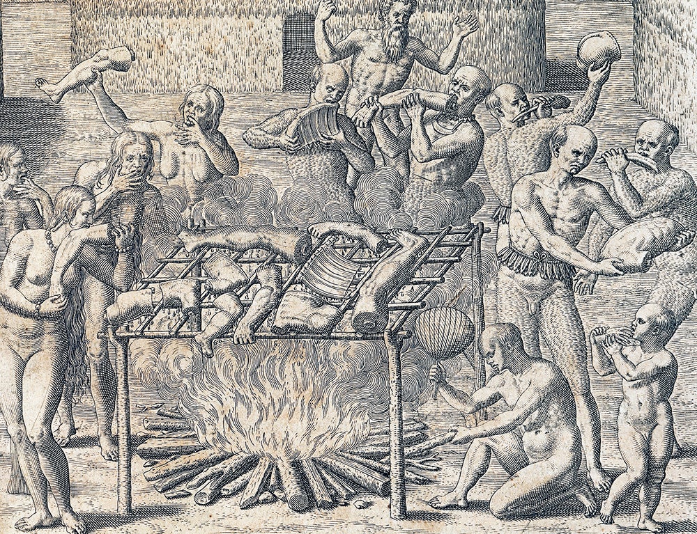 Cannibalism of the tribes in the interior of Brazil, engraving from by Theodore de Bry, 1602.