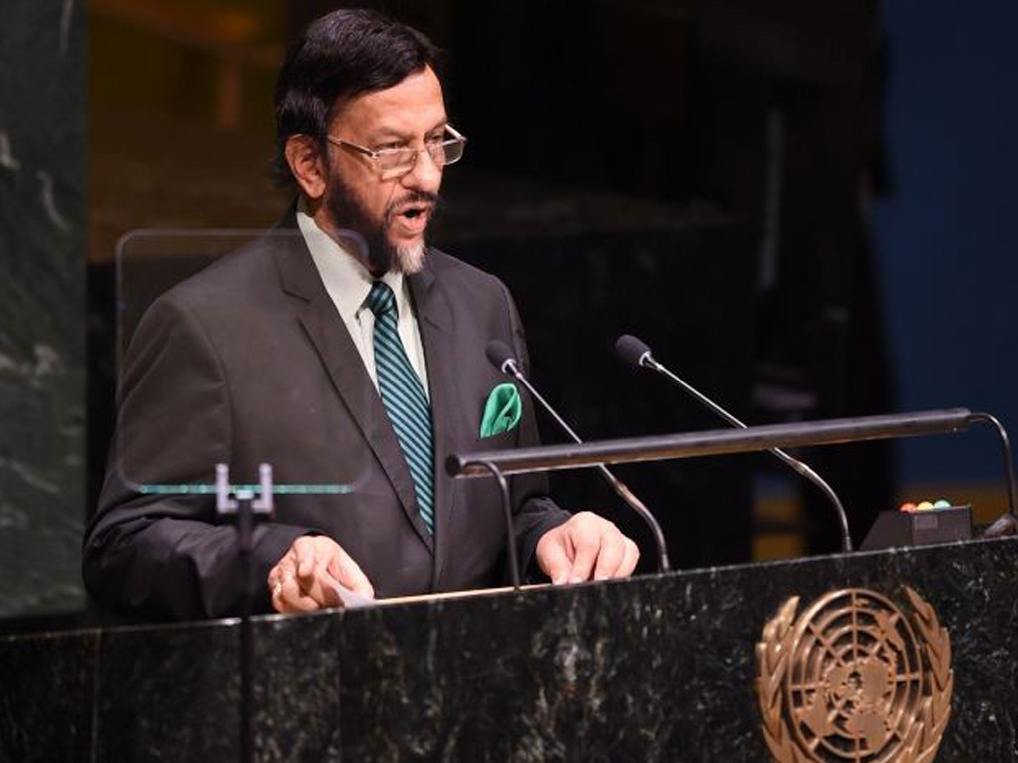 Rajendra Pachauri speaking at the opening of the United Nations Climate Summit 2014 at the United Nations in New York.