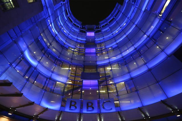 The BBC headquarters at New Broadcasting House is illuminated at night in London, England. 