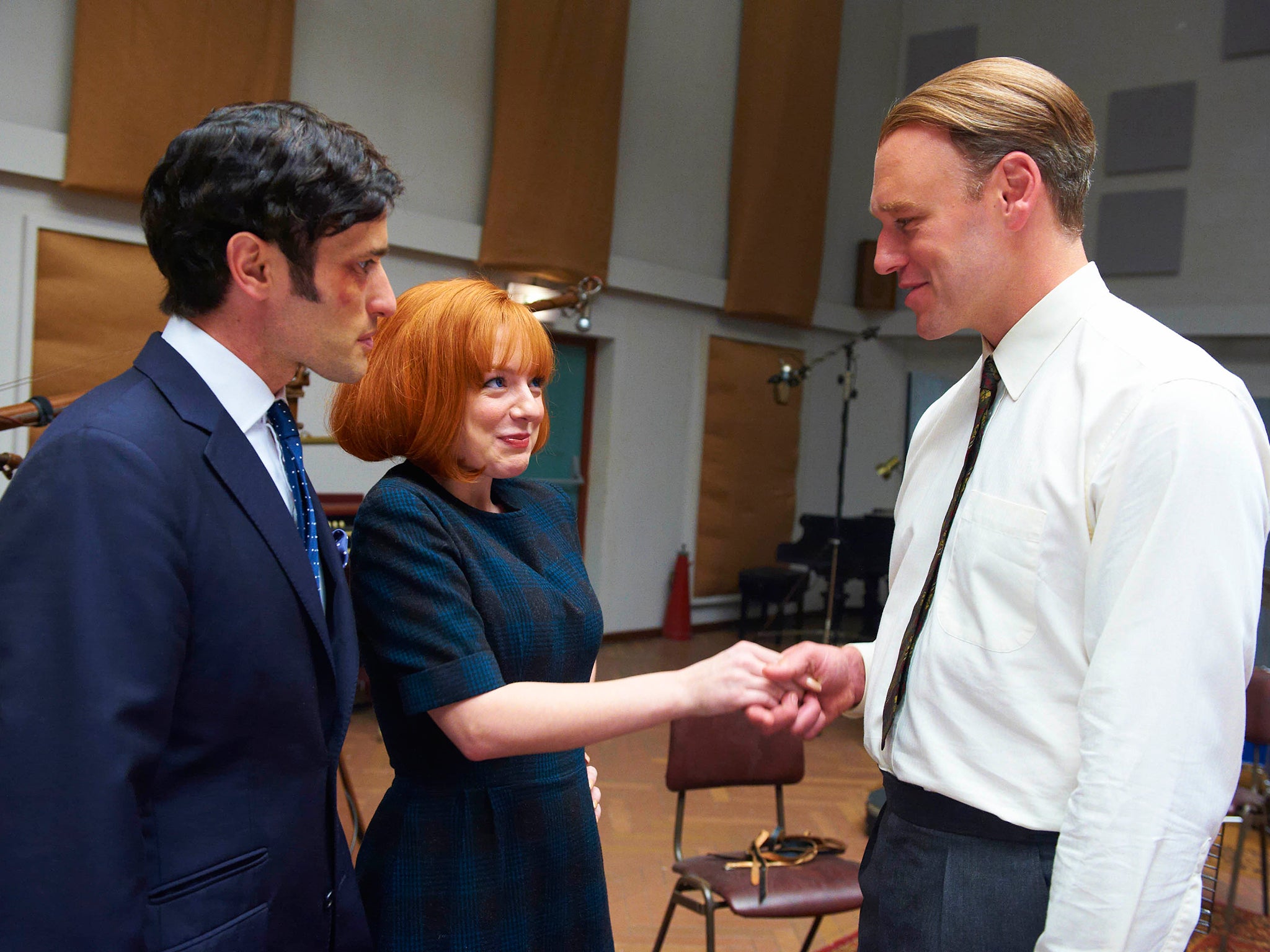 From left to right: Ed Stoppard as Brian Epstein, Sheridan Smith as Cilla Black and Elliott Cowan as George Martin in 'Cilla'