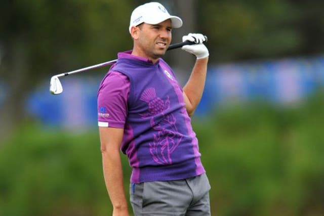 Sergio Garcia watches an approach shot during a practice round at Gleneagles on Wednesday