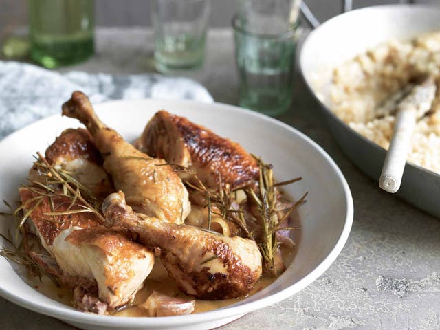 Garlicky pot-roasted chicken with a porcini risotto stirred through