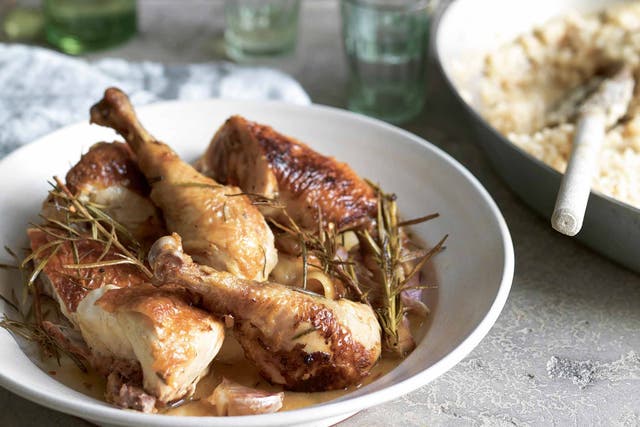 Bill serves his garlicky pot-roasted chicken with a porcini risotto stirred through