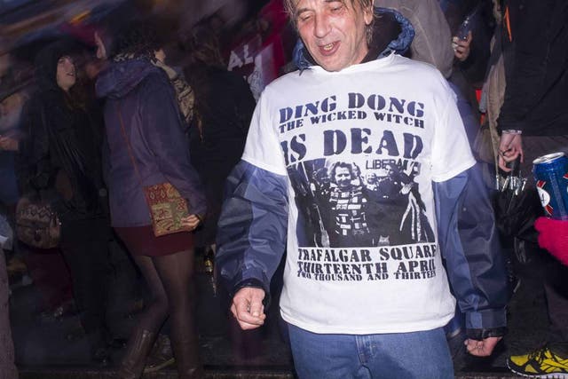 An anti-Thatcher demonstrator celebrates her death, 2013 (Rex)