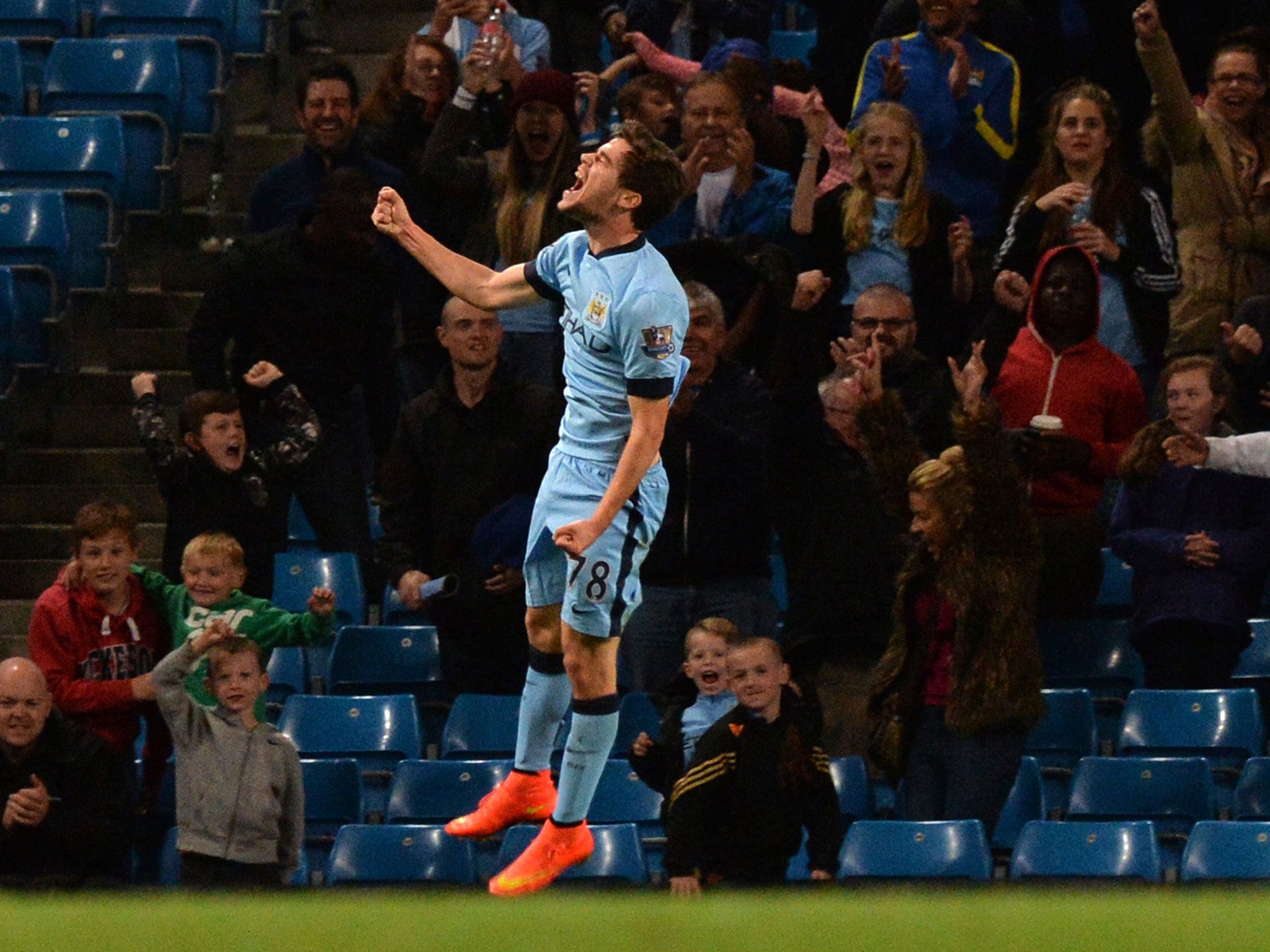 Jose Angel Pozo celebrates his first Manchester City goal