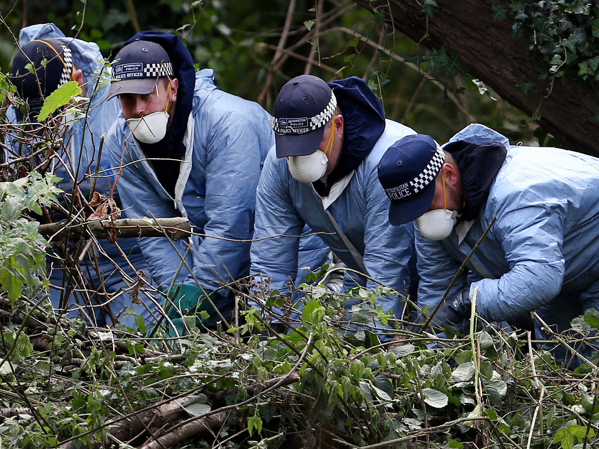 Police officers search an area next to the river Brent for clues in the hunt for schoolgirl Alice Gross in London