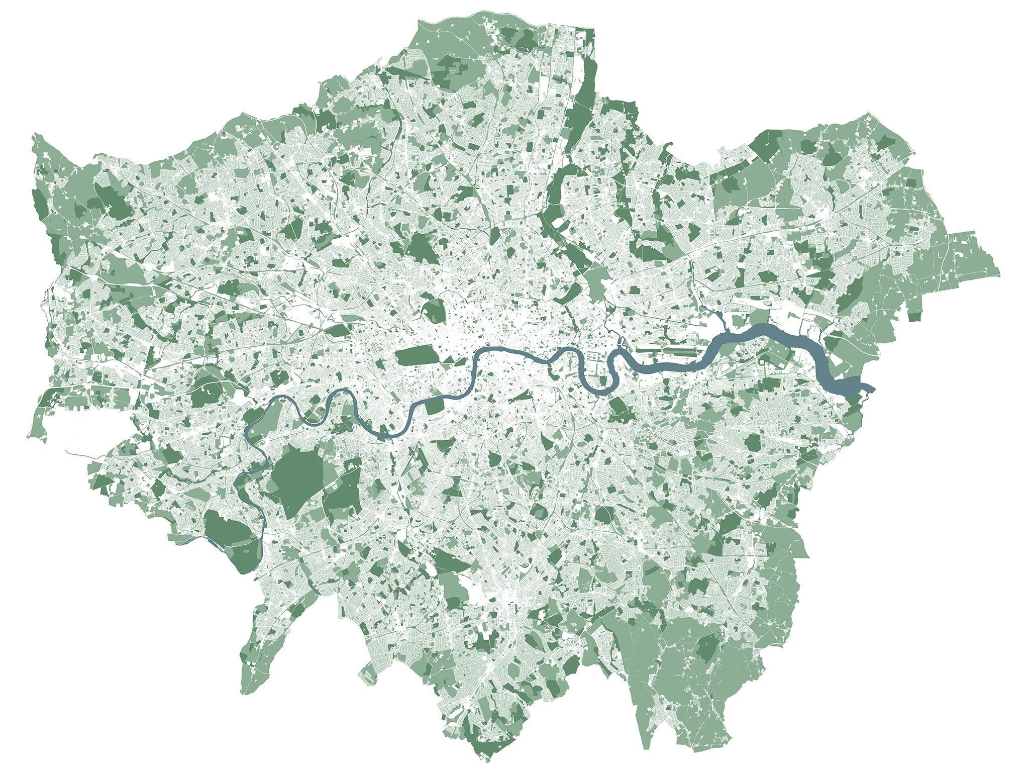 This new map, produced by Greenspace Information for Greater London (Gigl.org.uk) for the proposed Greater London National Park, shows only rivers and green space. It features no roads, buildings or other structures. 