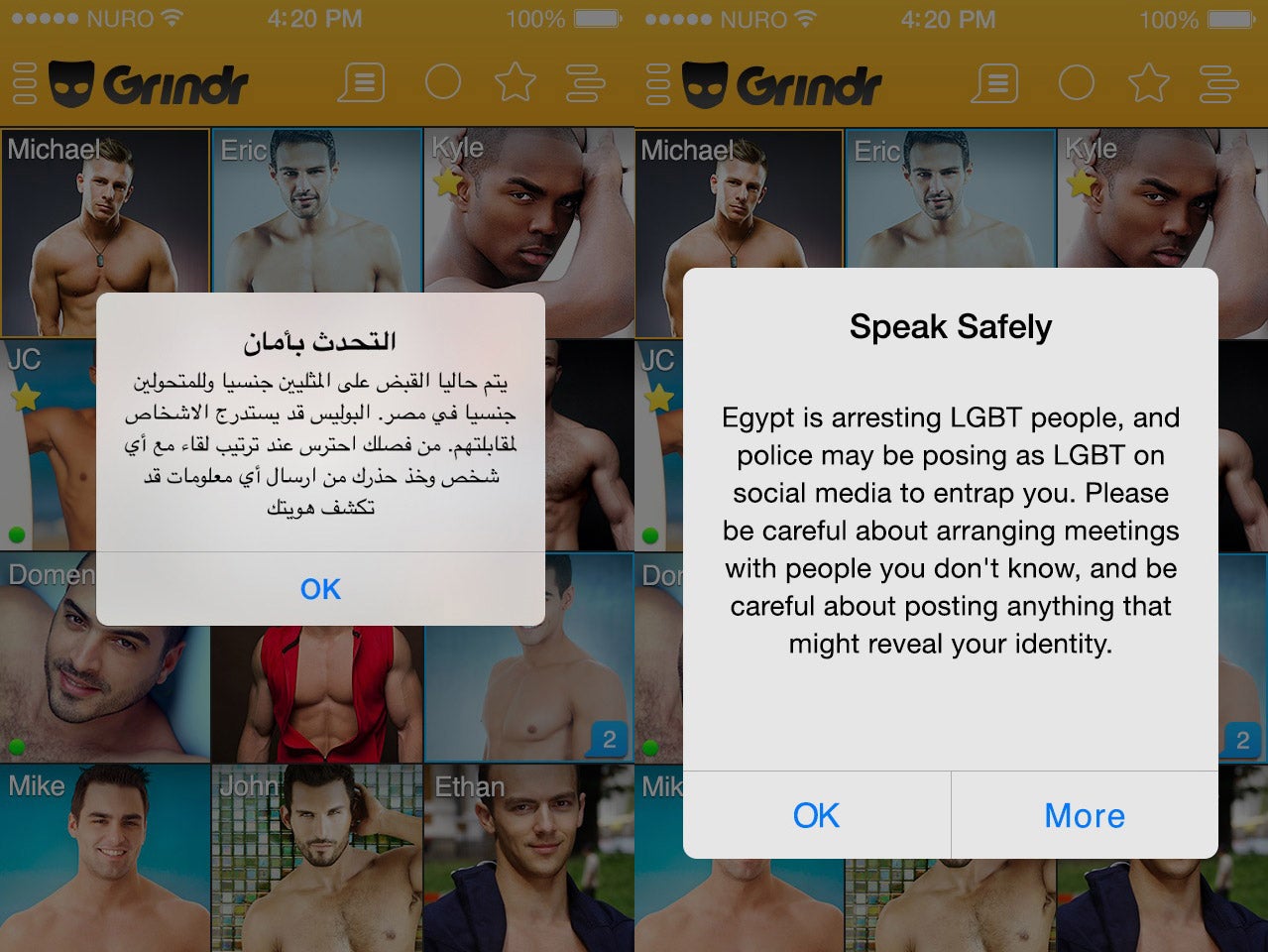 A message sent to Grindr users in Egypt warned them to hide their identities