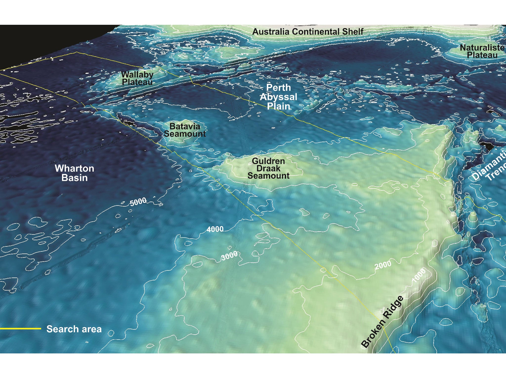 The yellow line maps the size of the search area for the missing plane