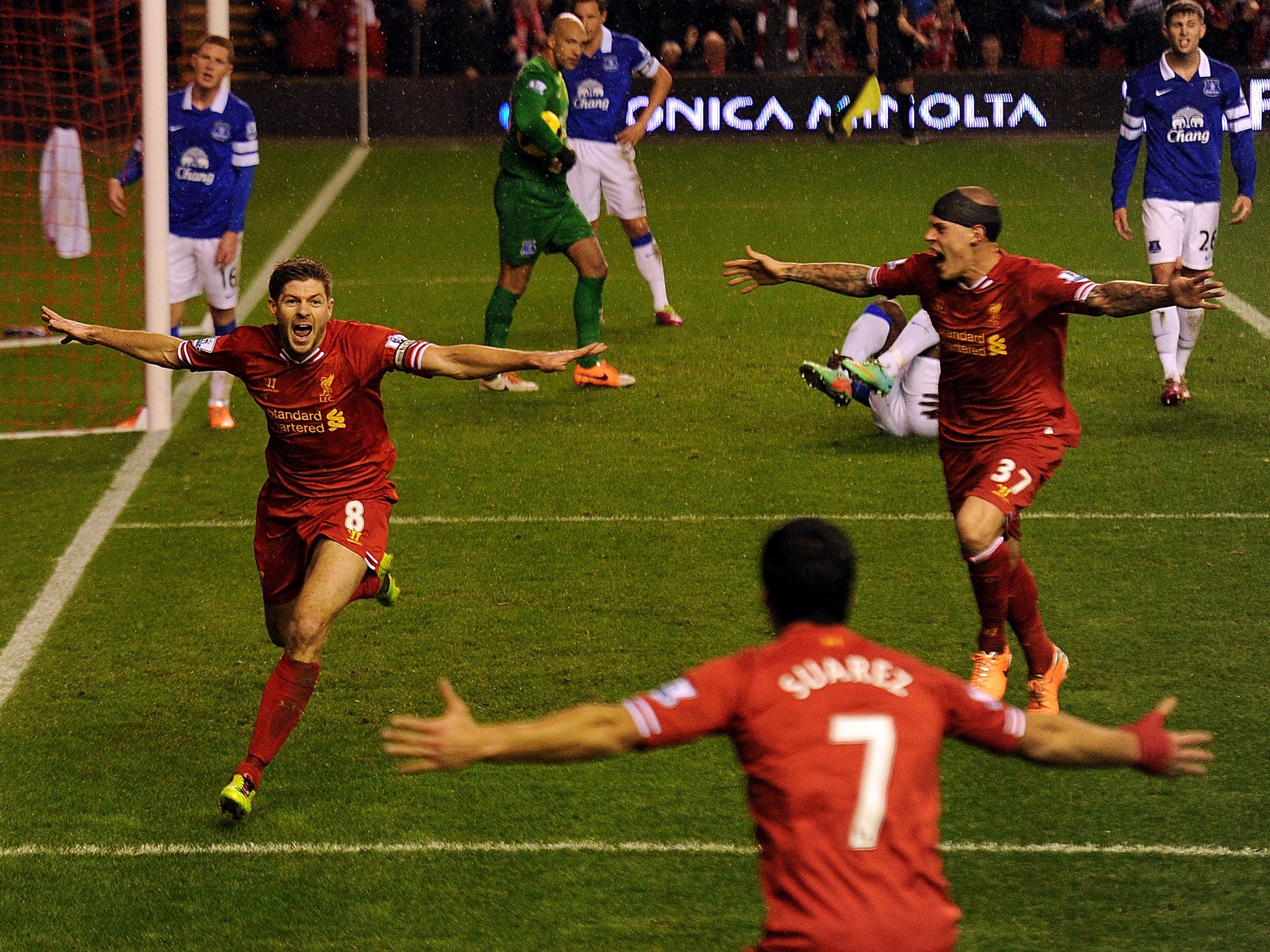 Gerrard celebrates scoring in the 4-0 win at Anfield last season