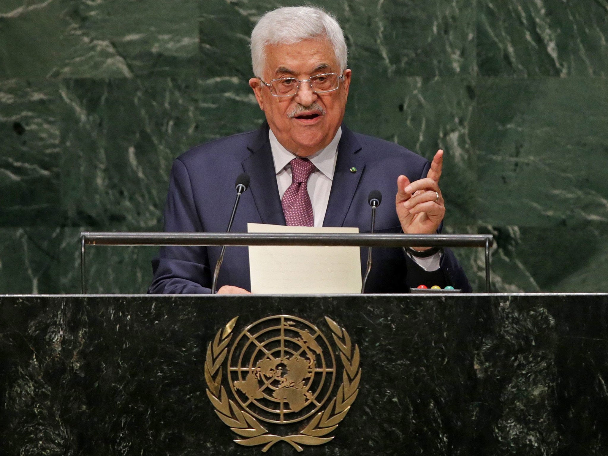 Palestinian President Mahmoud Abbas speaks during the 69th session of the United Nations General Assembly at United Nations headquarters in New York