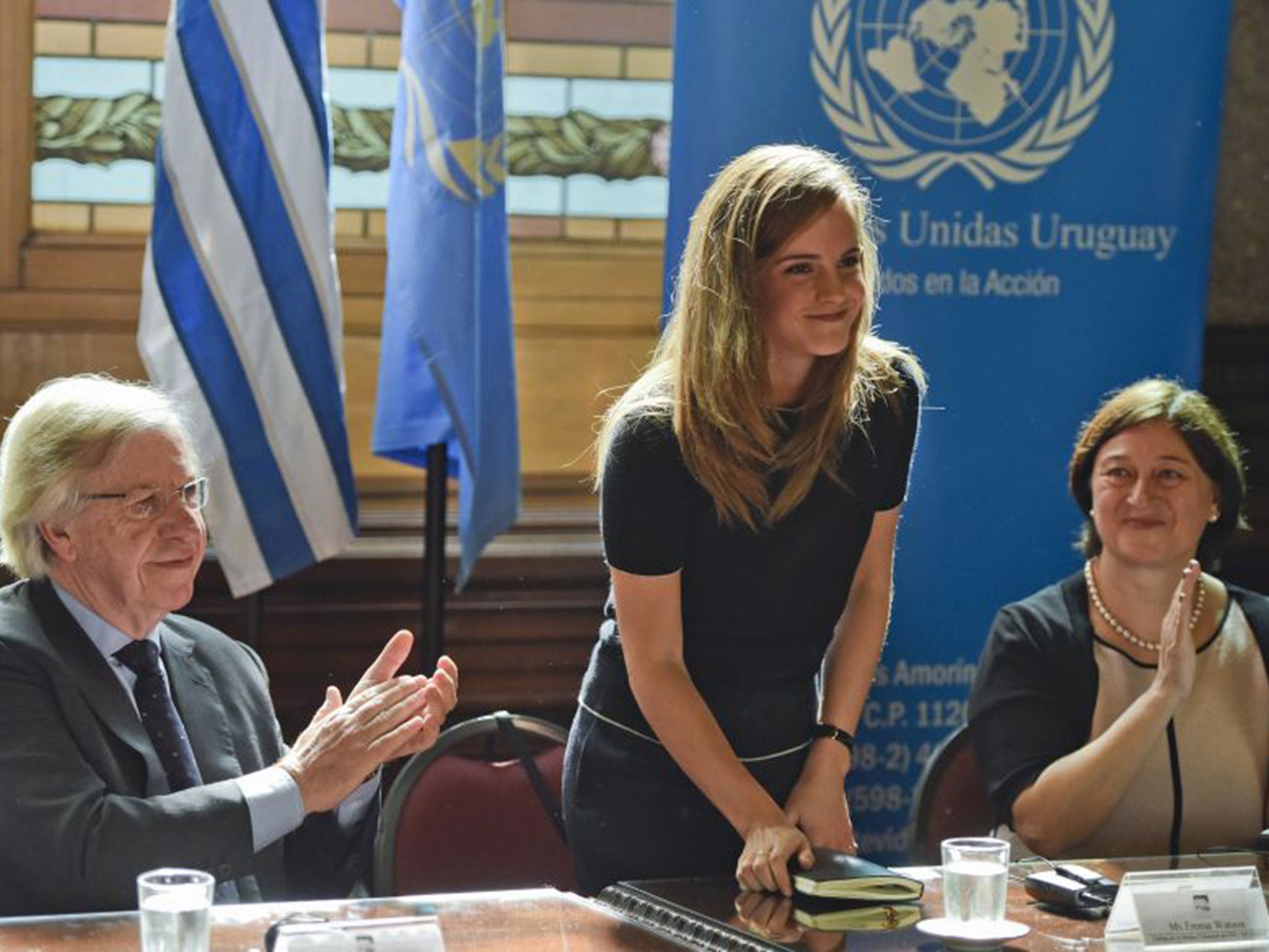 British actress and Goodwill Ambassador of the UN, Emma Watson, delivering a speech during an event petitioning for the increase of the presence of women in Parliament in Montevideo