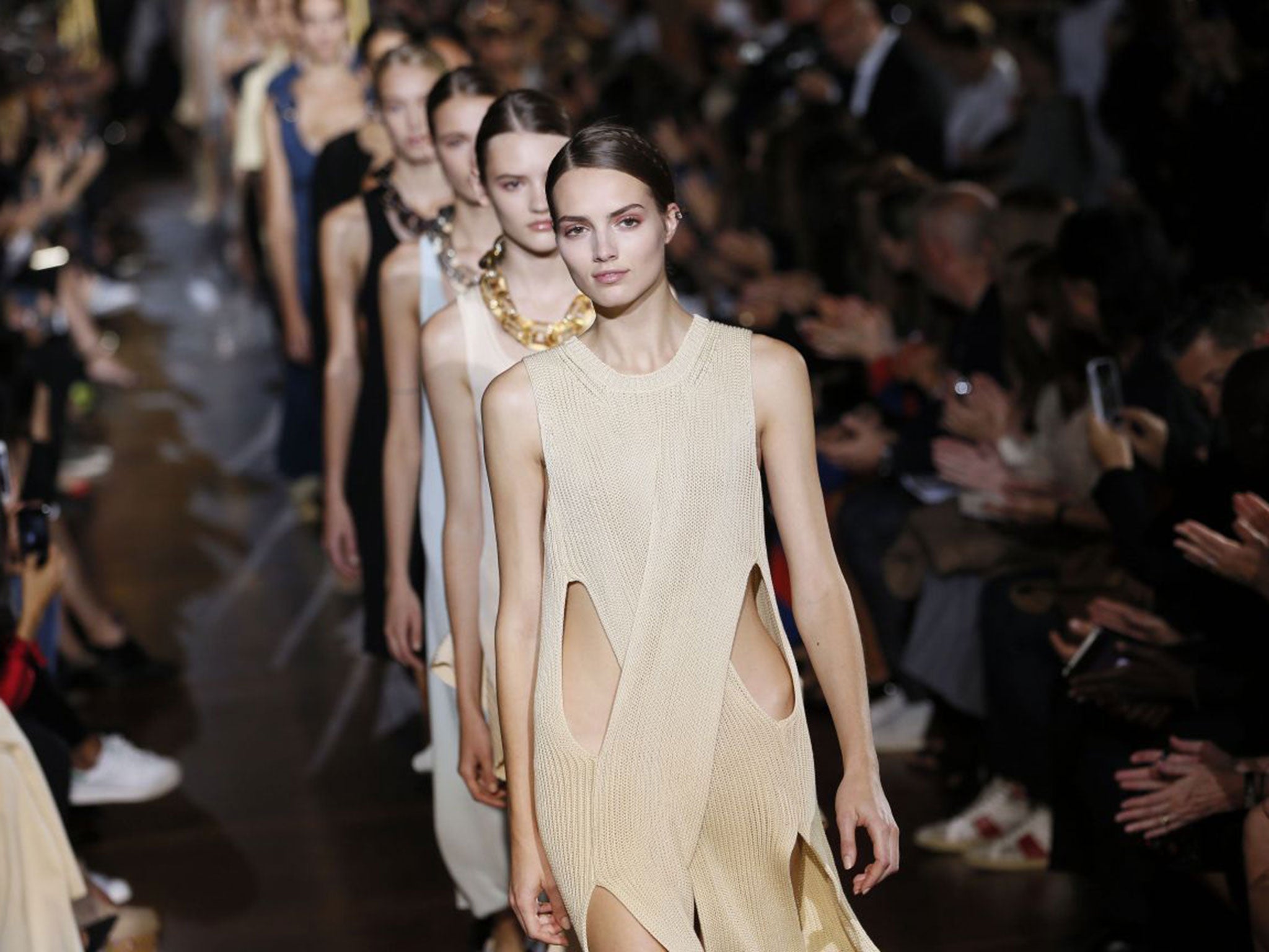 Stella McCartney models on the runway yesterday in Paris Fashion Week’s Womens- wear spring/summer 2015 collections