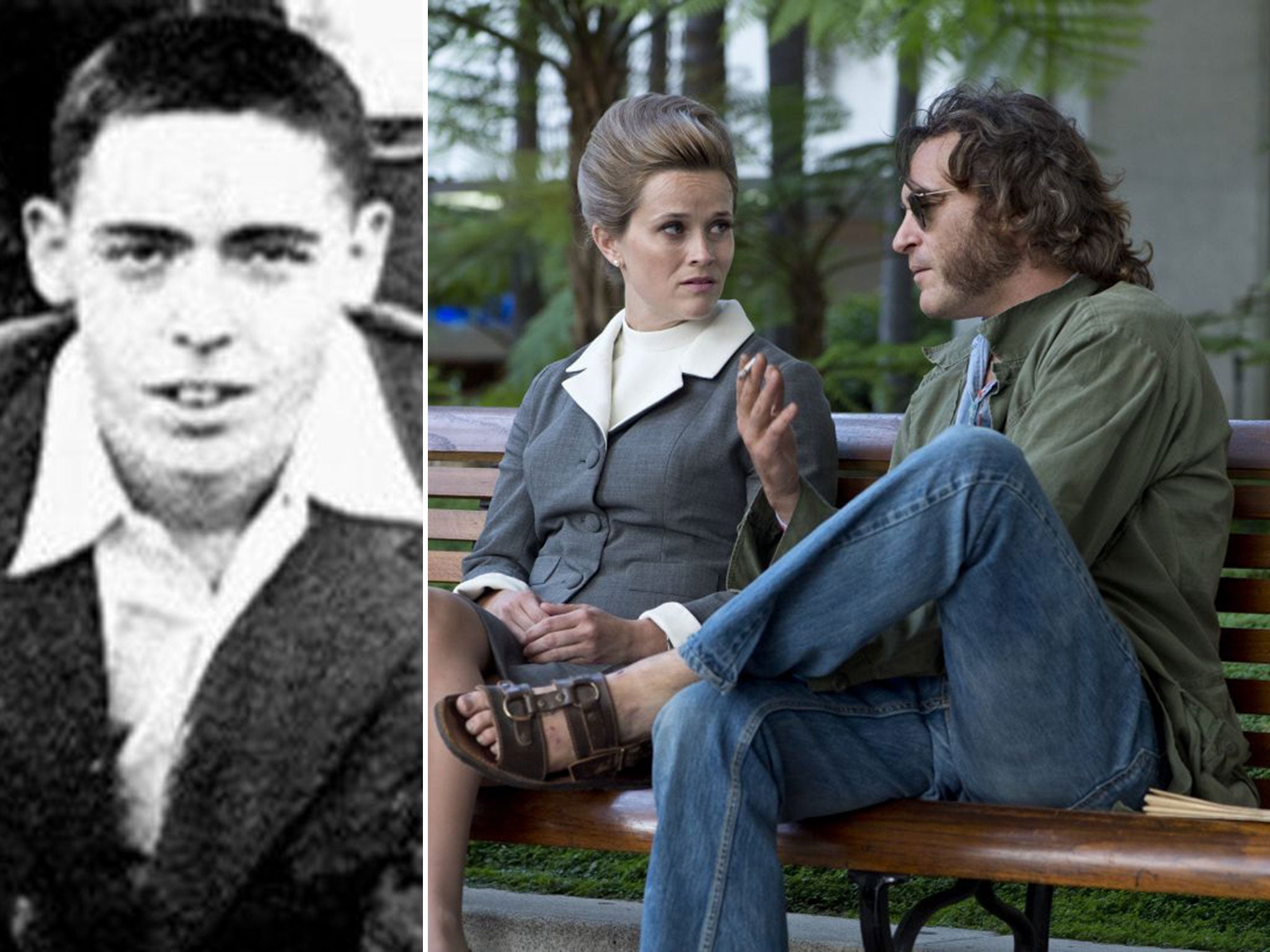 Thomas Pynchon in 1955, left, and Reese Witherspoon and Joaquin Phoenix in Paul Thomas Anderson's adaptation of his novel, Inherent Vice