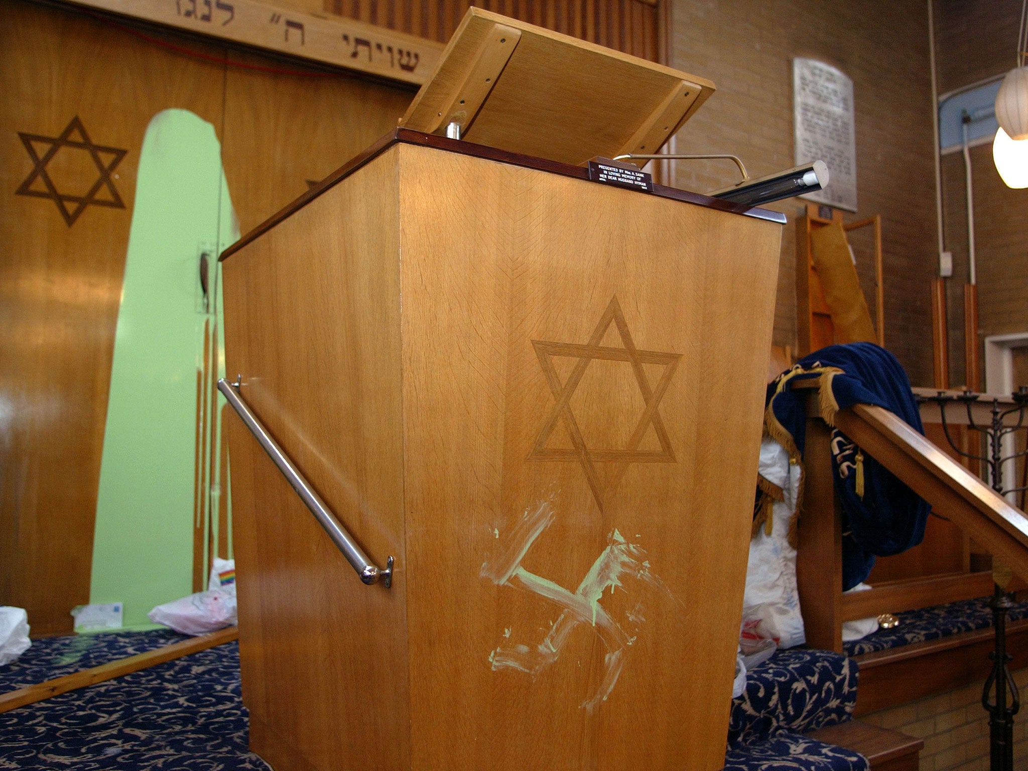 A swastika daubed beneath the Star of David on a preaching lectern at Finsbury Park Synagogue in 2002. The Home Secretary will stress the moves are aimed not just at Islamist extremists but also Neo-Nazis and anyone dedicated to overthrowing democracy