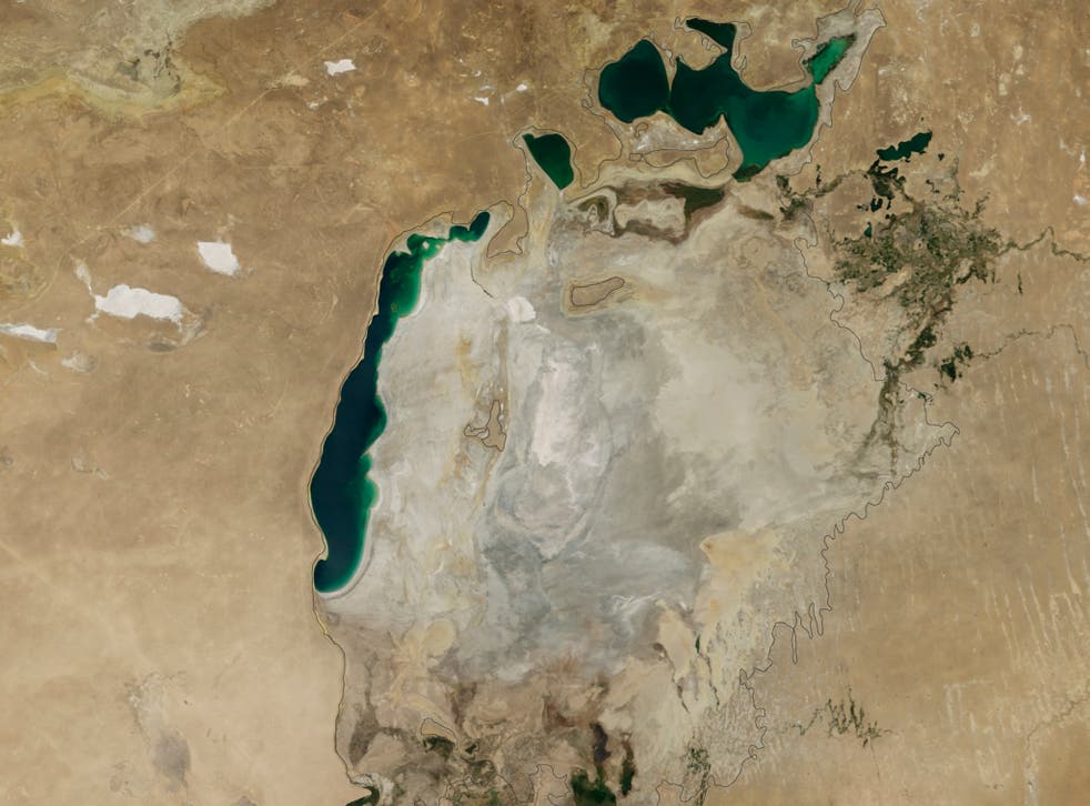 Images taken from the Moderate Resolution Imaging Spectroradiometer on Nasa's Terra satellite show how the lake has shrunk between 2000 and 2014