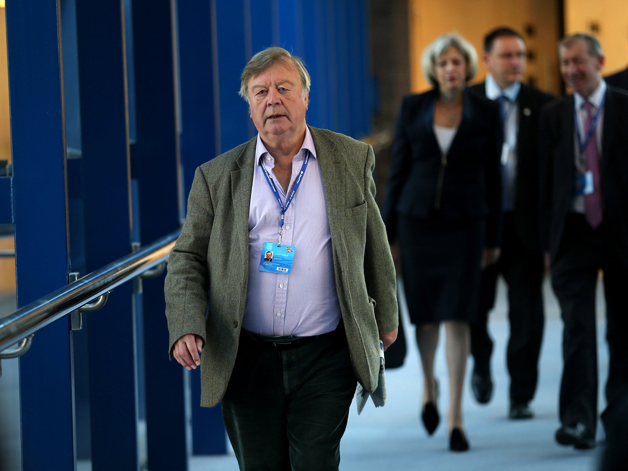 Former cabinet minister Ken Clarke walks to the Conservative party conference ahead of Home Secretary Theresa May in Birmingham
