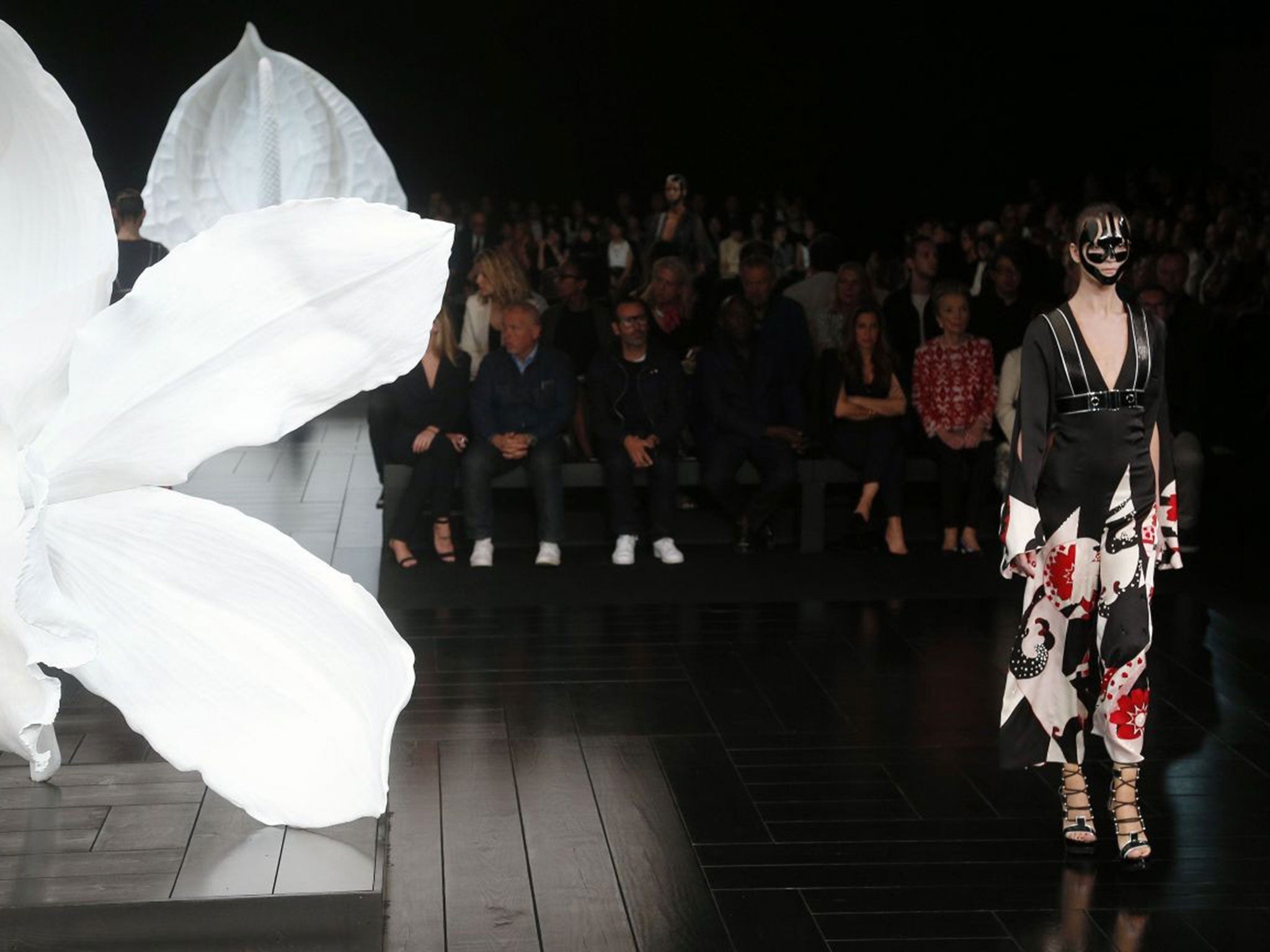 A model presents a creation for Alexander McQueen during the 2015 Spring/Summer