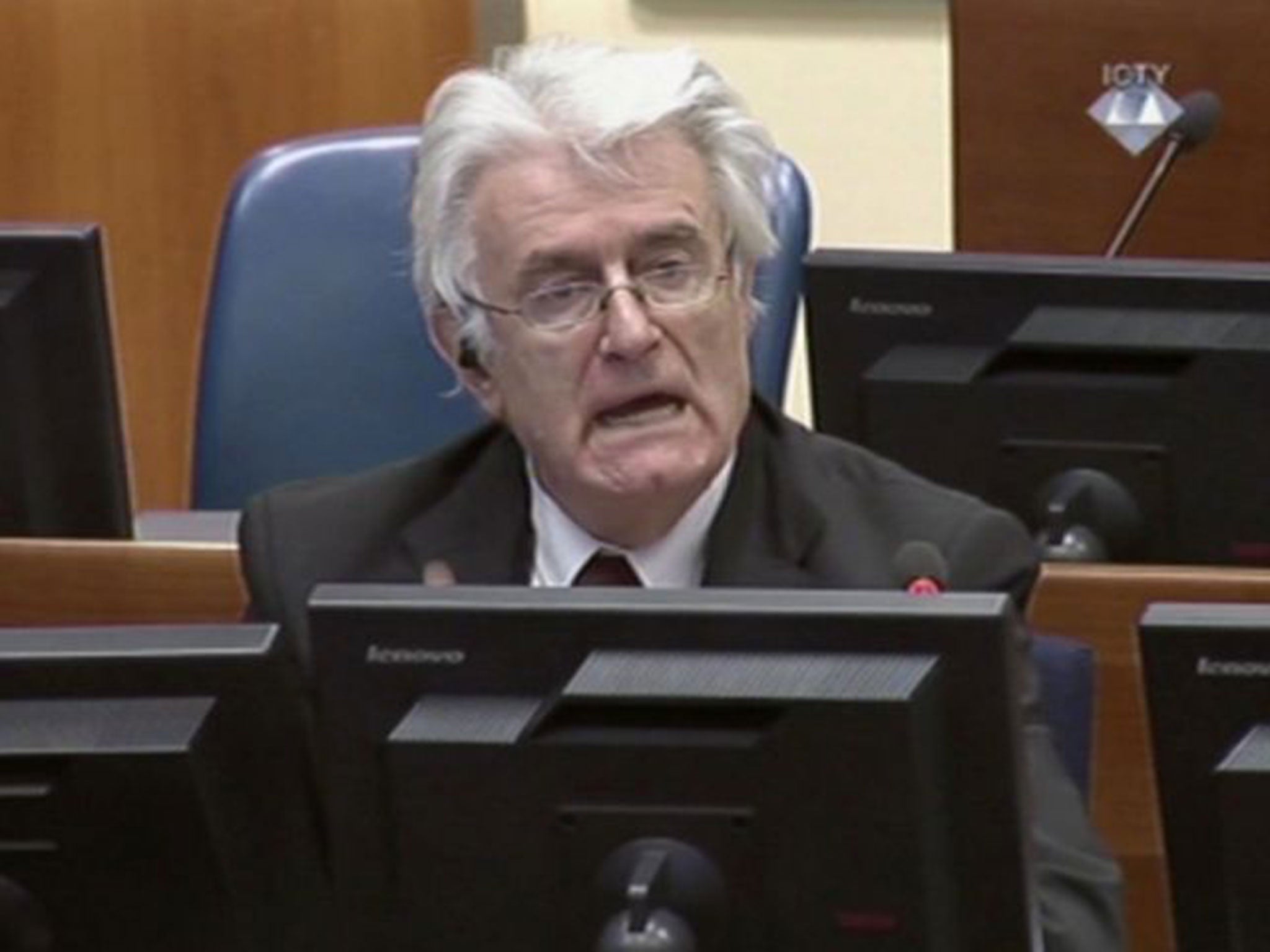 The former Bosnian Serb leader Radovan Karadzic at the UN war crimes tribunal on Tuesday