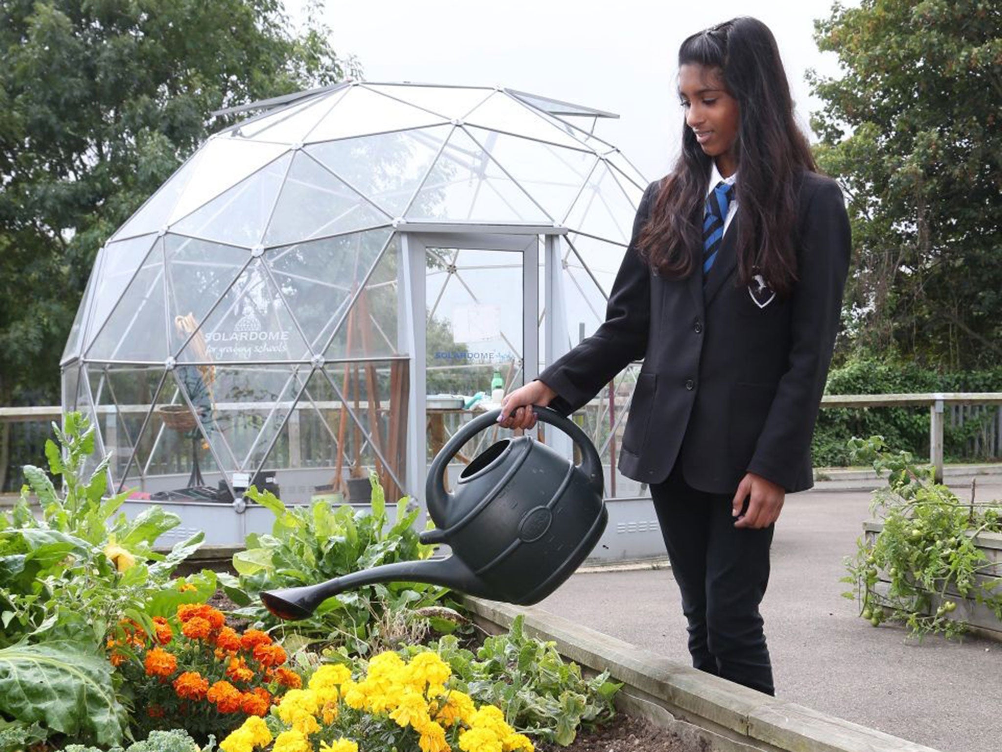 Cressex School in High Wycombe, Bucks. Year 9 students with the Eco Unit where they grow their own food