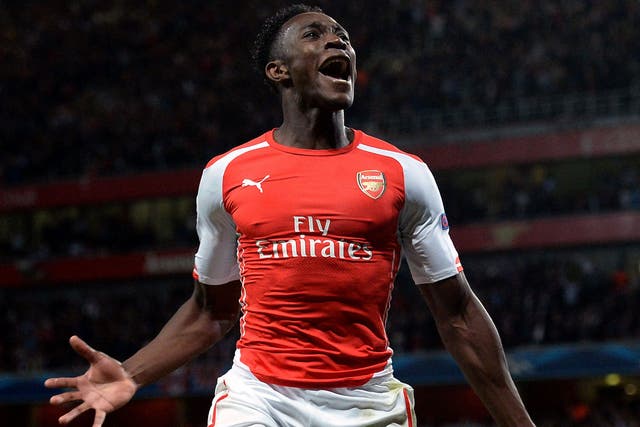 Arsenal’s Danny Welbeck celebrates the first senior hat-trick of his career in the 4-1 rout of Galatasaray