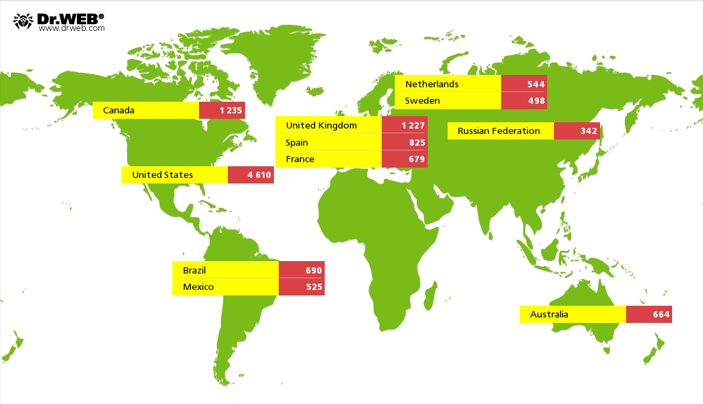 A map of where in the world iWorm infected computers are