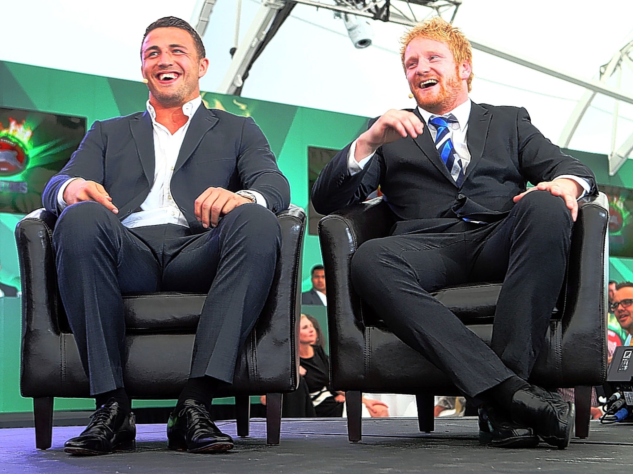 Sam Burgess (left) and James Graham are interviewed during the NRL Grand Final lunch in Sydney on Thursday