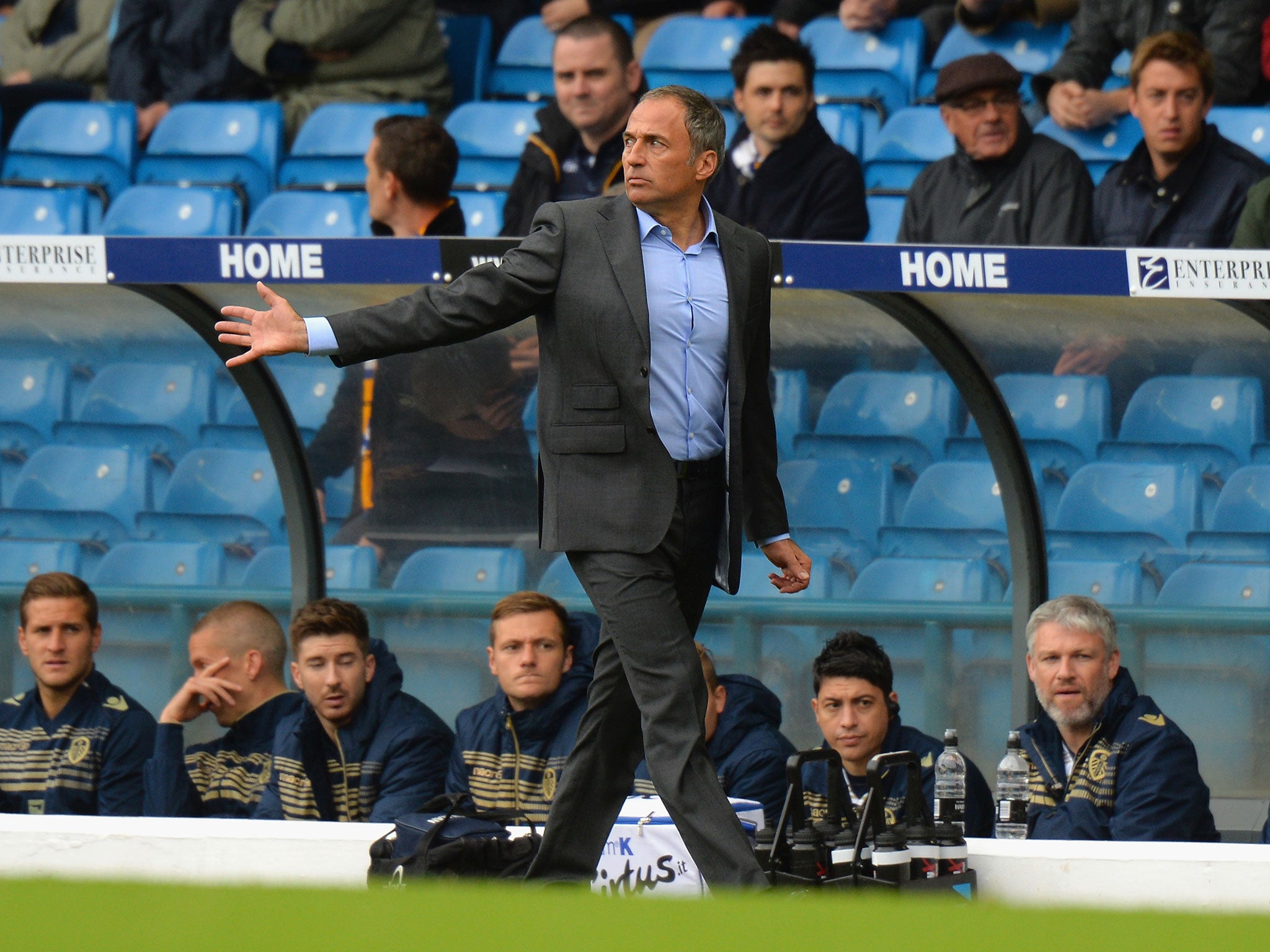 Leeds manager Darko Milanic gestures from the dug-out