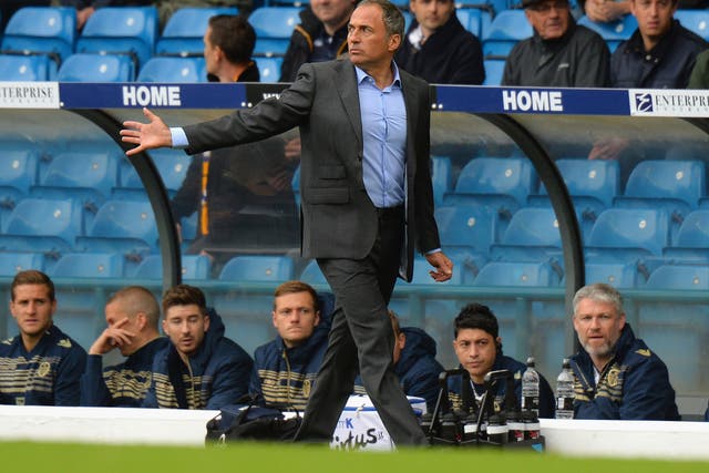 Leeds manager Darko Milanic gestures from the dug-out