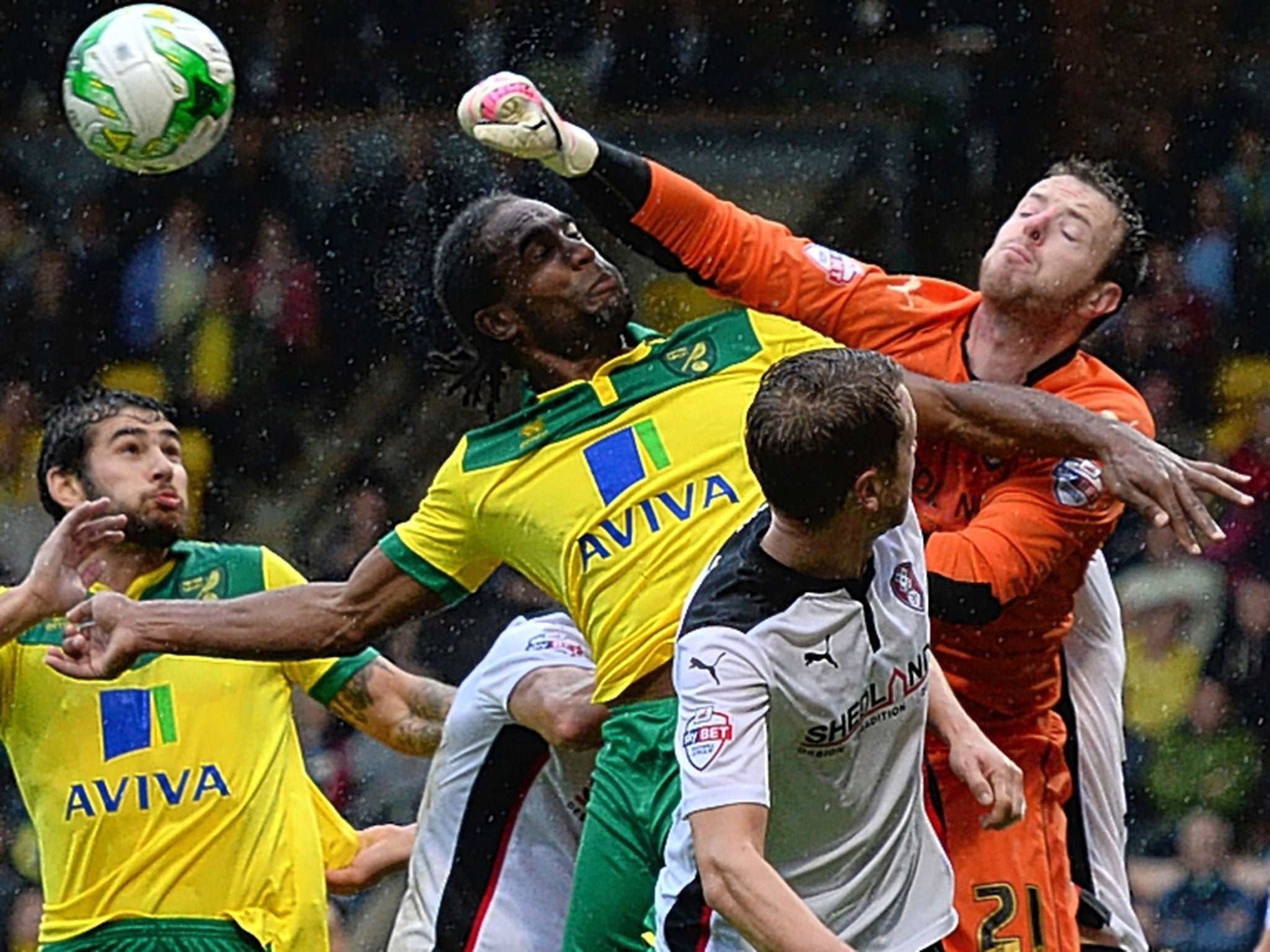 Pleased as punch: Rotherham’s heroic goalkeeper Adam Collin beats Norwich scorer Cameron Jerome to the ball