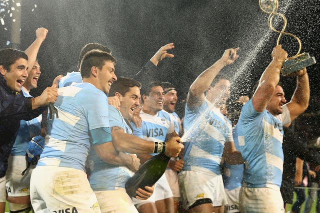 Argentina celebrate winning The Rugby Championship match between Argentina and the Australian Wallabies